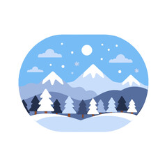 Winter Landscape Illustration-Snowy Mountains and Pine Trees Scene-Festive Holiday Season Design-Cute Winter Scenery-Winter Wallpaper Background