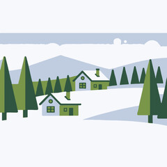 Winter Landscape Illustration-Cozy Cabins in Snow-Covered Hills-Pine Trees and Snowy Mountains-Peaceful Winter Scene-Holiday Season Art