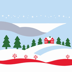 Winter Landscape Illustration-Snowy Hills-Red House and Trees-Festive Holiday Scene-Christmas Card Design-Cozy Winter Scenery