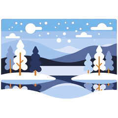 Winter Landscape Illustration-Snowy Trees-Frozen Lake Scene-Minimalist Design-Cold Weather Graphic-Mountains in Background-Peaceful Winter Art-Snowflakes Falling