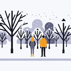 Winter Romance A Couple's Snowy Stroll-Cozy Winter Walk in the Park-Winter Scene with Trees and Snow-Romantic Winter Illustration-Couple Enjoying Winter Scenery