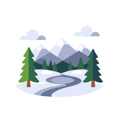 Winter Mountain Landscape Illustration-Snowy Path-Evergreen Trees-Cloudy Sky-Minimalist Vector Graphic-Peaceful Nature Scene-Simple Flat Design-Mountain Range View