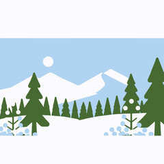 Winter Mountain Landscape Vector Illustration-Snowy Peaks and Evergreen Trees Design-Scenic Winter Scene with Blue Sky and Pink Blossoms Artwork-Holiday Season Graphic