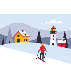 Winter Skiing Scene-Cartoon House and Lighthouse-Snowy Landscape-Man on Skis-Cold Weather Adventure-Holiday Destination-Mountains and Trees-Winter Sports Fun