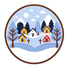 Winter Village Illustration - Colorful Houses in Snowy Landscape - Cute Winter Art - Festive Season Design - Holiday Vector Graphic - Hello Winter Artwork