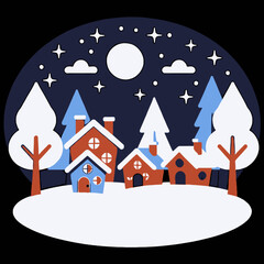 Winter Village Illustration-Snowy Landscape with Colorful Houses under Moonlight-Holiday Season Graphic Design-Cute Christmas Card Artwork-Festive Scene with Trees and Stars