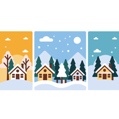 Winter Village Illustration-Cute Houses and Snowy Landscape-Festive Holiday Art-Perfect for Greeting Cards and Seasonal Designs-Winter-themed vector design
