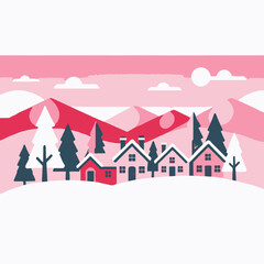 Winter Village Illustration - Snowy Landscape with Houses and Trees - Festive Holiday Scene - Pink Sky and Mountain Backdrop - Cozy Winter Home Decor