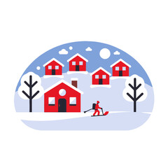 Winter Village Scene Illustration-Red Houses in Snow-Snow Removal with Skis-Scenic Winter Landscape-Cartoonish Winter Design-Snowy Holiday Card Image