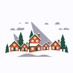 Winter Village Scene Illustration-Snowy Landscape with Houses and Mountains-Holiday Season Artwork-Cozy Winter Graphic Design-Festive Home Decor Image