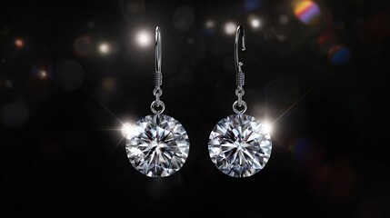 Elegant diamond drop earrings against a dark, sparkling background