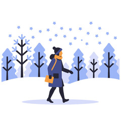 Winter Walk-Woman Walking in a Snowy Landscape-Trees and Snowflakes-Cold Weather Outfit-Illustration of a Winter Scene-Seasonal Activities-Winter Fashion Style
