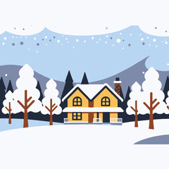 Winter Wonderland Home-Charming House in Snowy Landscape-Cozy Winter Scene-Cartoon Illustration of Winter Season-Snowy Trees and Mountains Backdrop