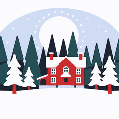 Winter Wonderland Illustration-Red House in Snowy Forest-Holiday Season Art-Festive Landscape-Cozy Christmas Scene-Snowy Trees and Moon-Cartoon Winter Design
