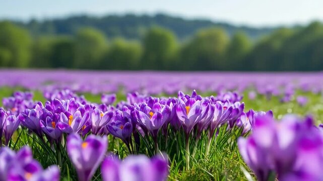 Majestic Field of Crocuses Blooming Under the Bright Sunlight in Early Spring