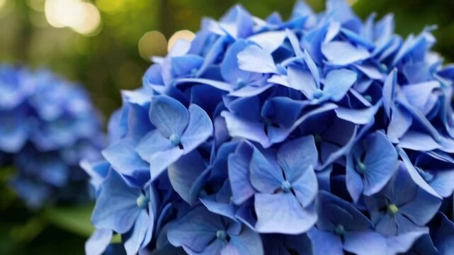 Close-Up Of Blue Hydrangea Flower Blooming In Cape Cod Garden Setting