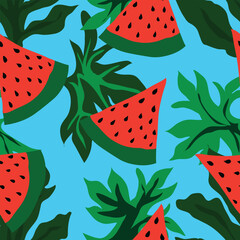 watermelon slices with big leaves seamless pattern. Good for fabric, textile, wrapping, decorations and fashion prints.