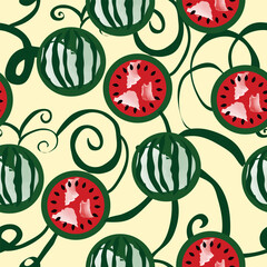 A seamless watercolor style pattern featuring juicy watermelon slices, leafy shrubs and hand painted details. Ideal for fabric prints, summer themed stationery, wallpaper, gift wrap and surface design