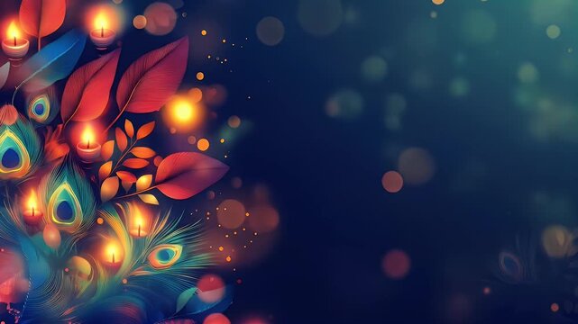 Festive decorative background with peacock feathers and candle lights against a dark backdrop with bokeh effect for a vibrant visual display.