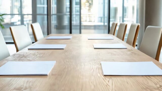 Modern conference meeting with long wooden table, empty chairs, and neatly arranged workspace papers