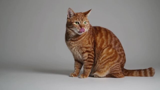 An orange tabby cat licking its lips hungrily while gazing to the side, with ample space for text or branding