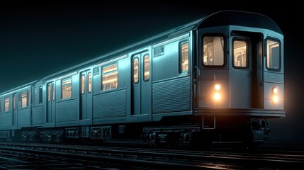 Obraz premium Subway train on the tracks at night with illuminated windows and headlights