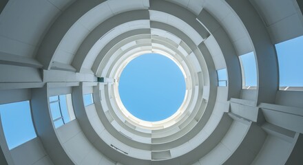 Fototapeta premium Abstract architectural spiral, looking up at a courtyard. A modern building's inner structure