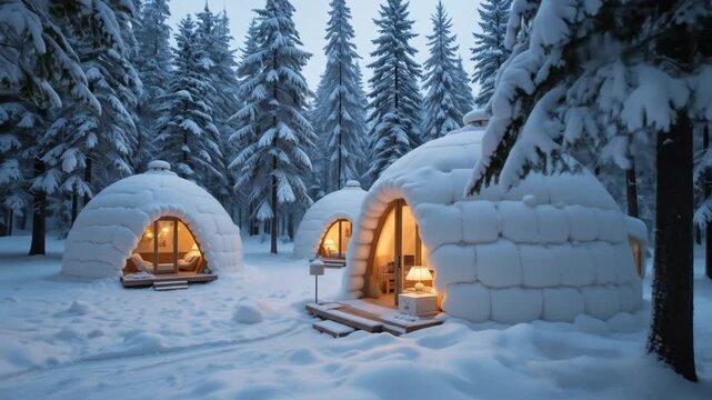 Snowy Forest With Glowing Igloo At Dusk Background. 4k video