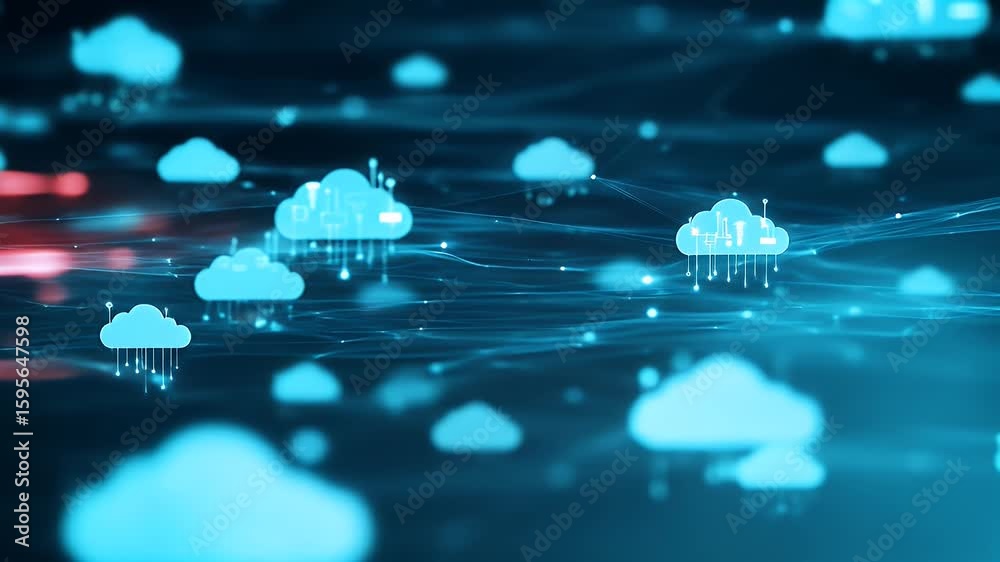 Poster digitally rendered cloud computing network with glowing blue data clouds and red highlights represen