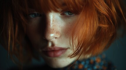 Fototapeta premium Striking Portrait of a Woman with Fiery Red Hair and Piercing Gaze