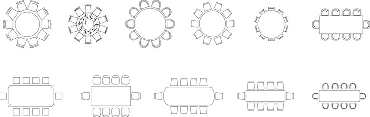  a set of vector diagrams illustrating different table and chair arrangements, each with approximately 10 chairs. The top row shows various circular table configurations, while the bottom row presents