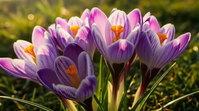 Beautiful Purple Crocus Flowers Blooming in Spring Garden with Sunlight