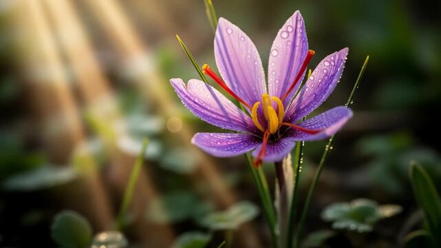 Beautiful saffron flower blooming in a field with sunlight rays shining through a vibrant nature