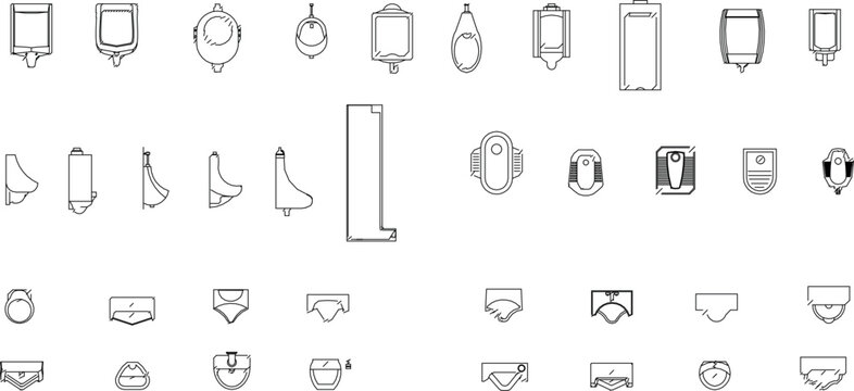 collection of urinal vectors and toilets, presented in a clean, minimalist outline format.