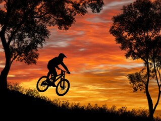 Obraz premium Silhouette of a biker midair against a sunset framed by trees