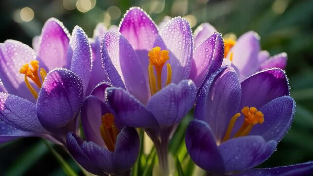Close-up shot of Crocus flowers with water droplets on a sunny day in the garden