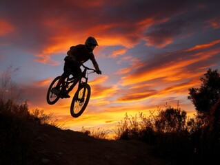 Naklejka premium Silhouetted mountain biker midair against a vibrant sunset sky