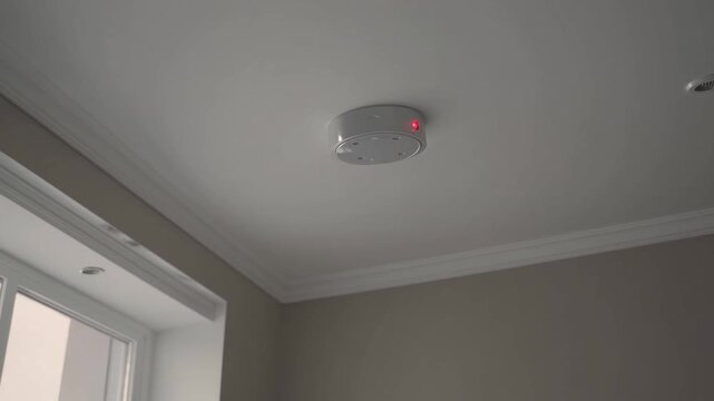 3D Rendered Smoke Detector on Ceiling Activating in Response to Smoke