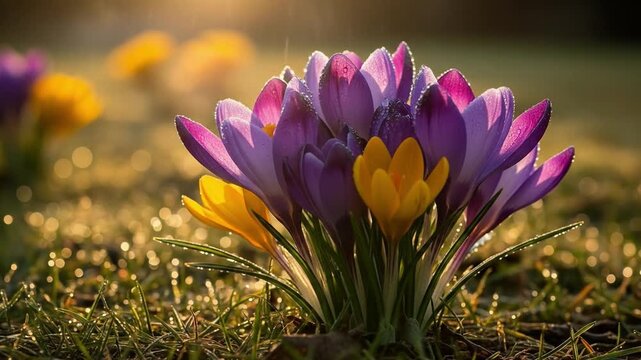 Spring blooming crocus flowers bathed in golden sunlight at sunrise, a vibrant display