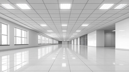 Fototapeta premium Empty office hallway with large windows and tiled floor.