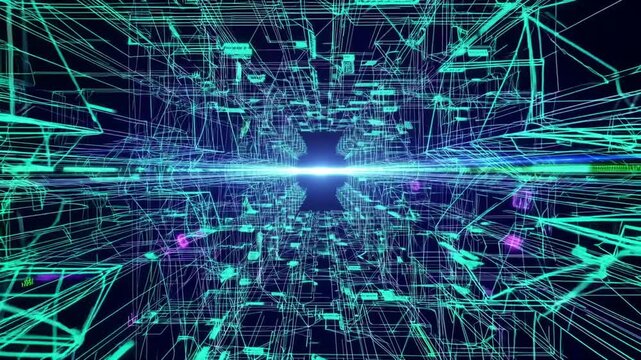 Digital Security and Abstract Technological Backdrop Featuring Binary Code and Wireframe Graphics