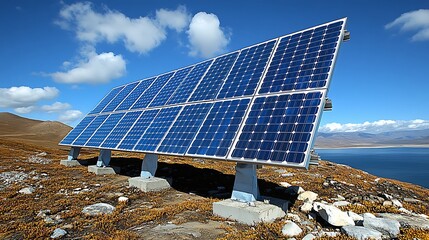 Large solar panel array positioned on a hillside overlooking a lake.