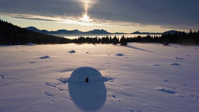 Snow-Covered Igloo Nestled in Snowdrift with Mountainous Forest and Sunrise Background