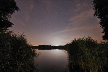 Starry Night Sky Stars Trees View Shadow Heaven Nature Landscape Romantic Darkness Background...