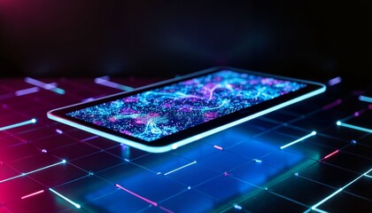 Vibrant tablet displaying colorful abstract digital art on neon background  