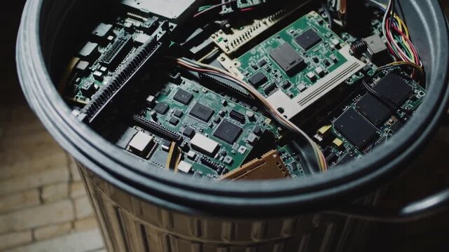 Electronic Waste Disposal in Metal Bin