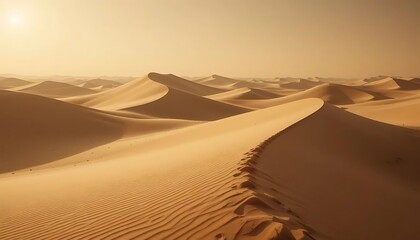 Golden Desert Landscape with Rippled Sand Dunes and Footprints on a Crest at Sunrise
