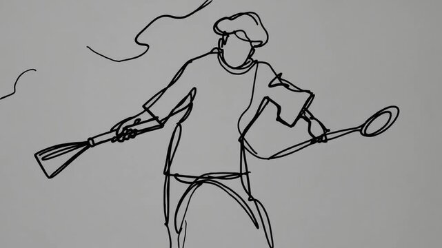 continuous single-line drawing depicting chef skillfully handling frying pan and spatula, showcasing minimalist culinary artistry