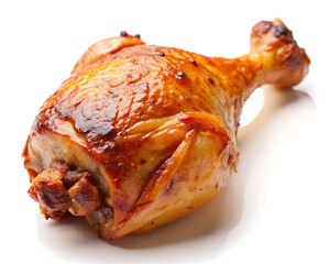 Grilled chicken leg, drumstick isolated on white background. Grill roast bbq chicken leg