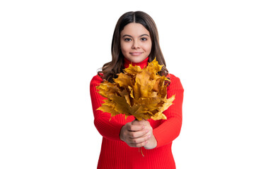 Stylish teen girl isolated on white with maple leaf. Autumn leaf arrangement. Girl with maple leaf....
